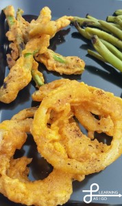 Homemade Onion Rings, Fried Green Beans, & packet roasted green beans